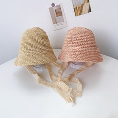 Girls Braided Straw Hat With Lace Straps Sun Protection