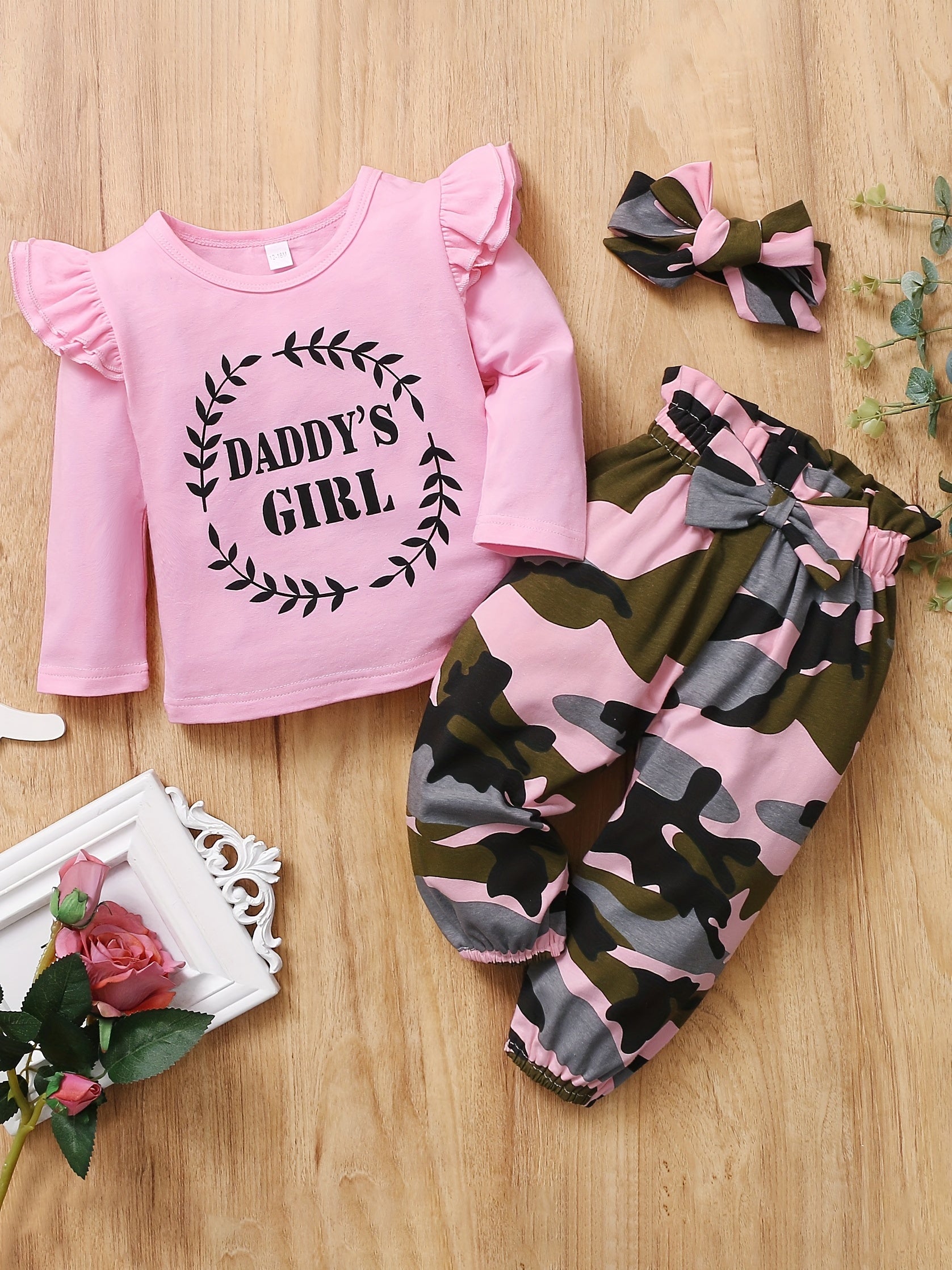 2pcs Baby Girl Letter Long Sleeve Top Camouflage Trousers Set