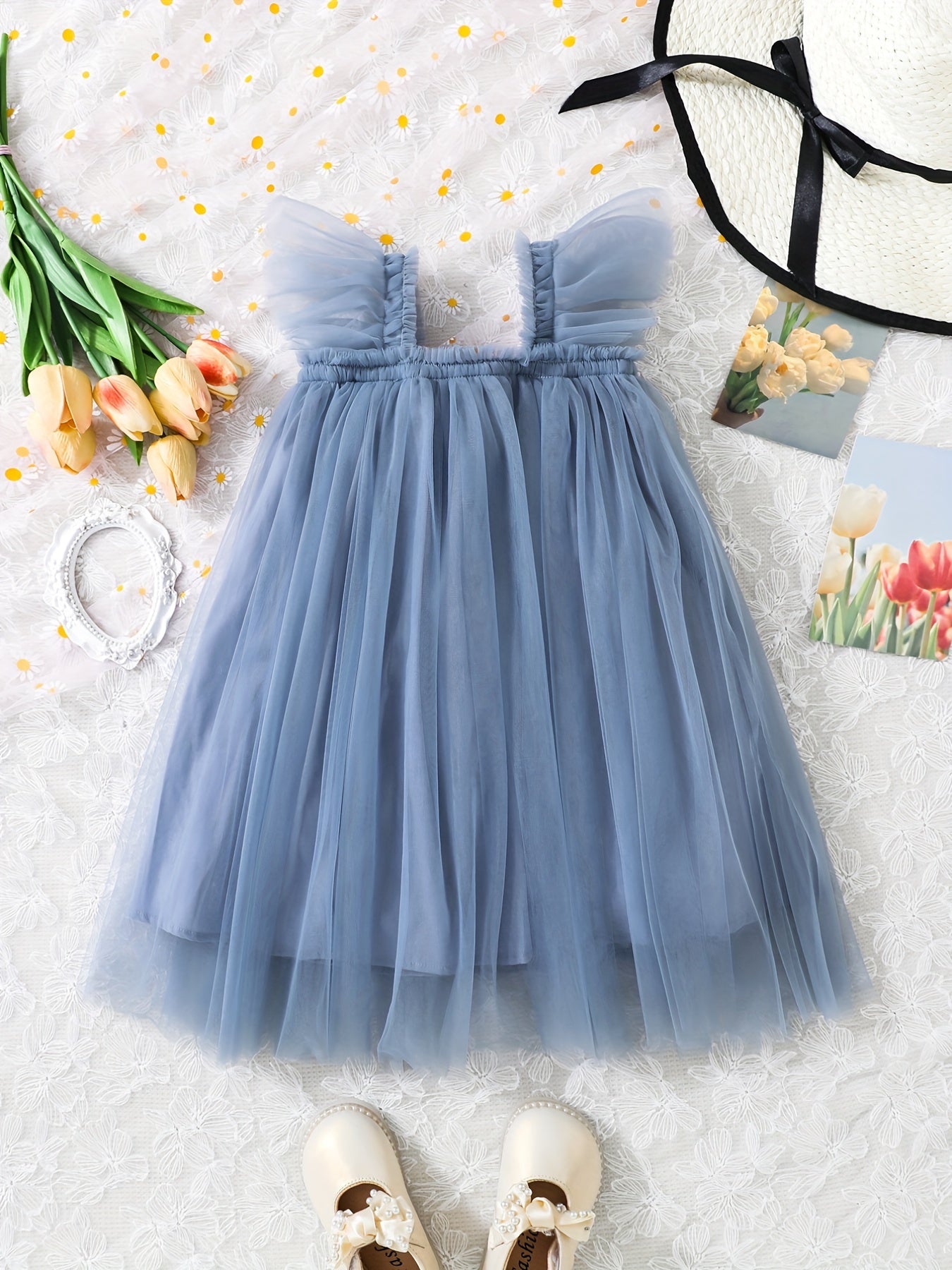 Girls Sweet Princess Mesh Puffy Skirt Ruffle Overall Dress