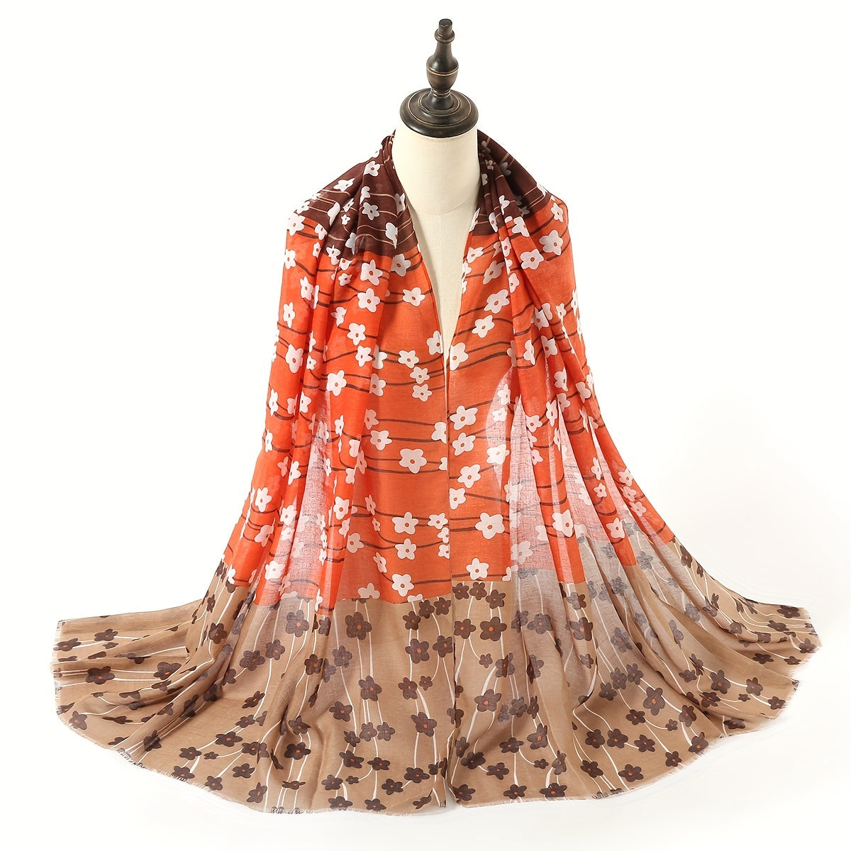 Flower Print Raw Edge Scarf Classic Block Shawl Casual Windproof Head Wrap