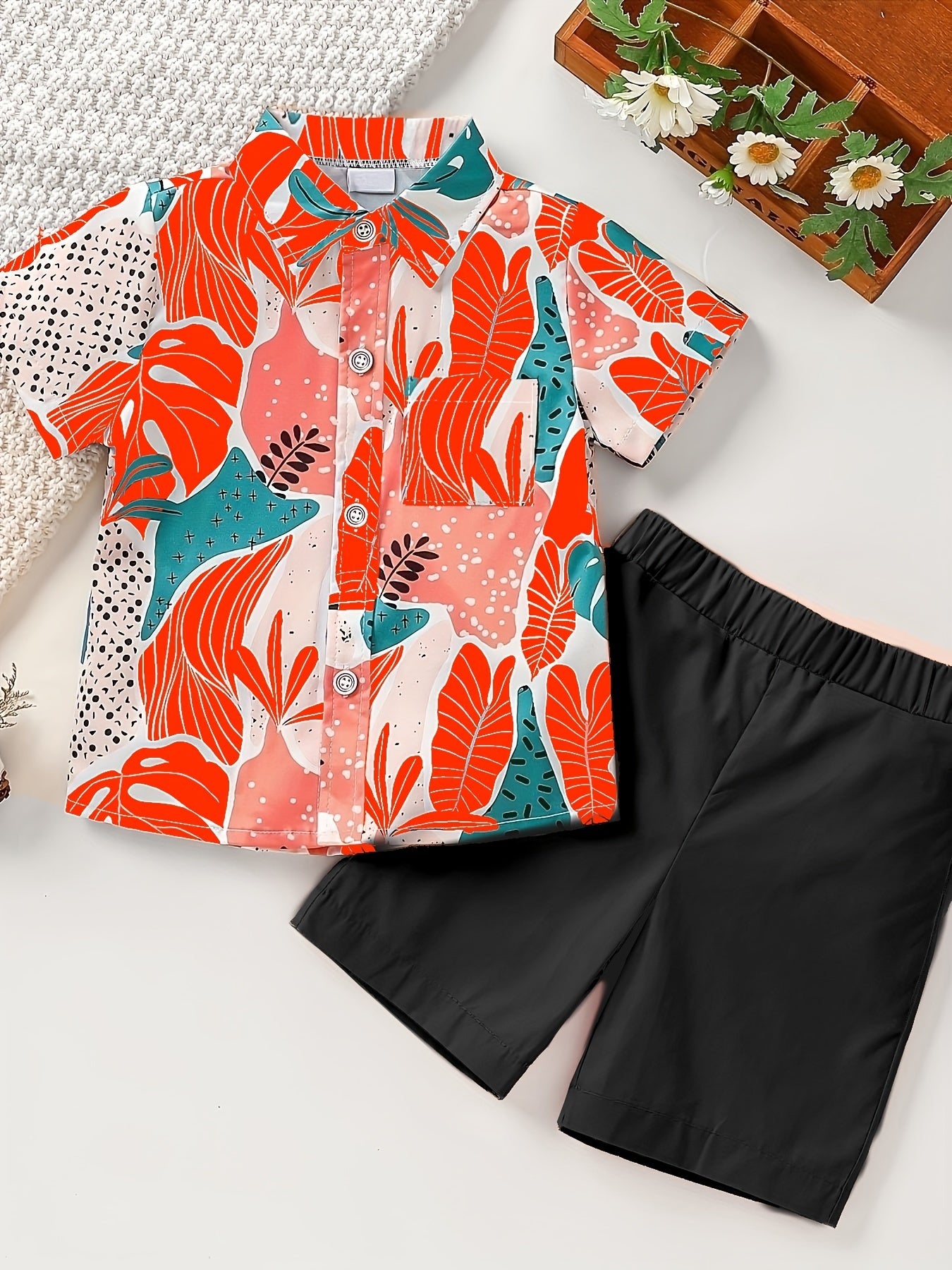 Boys Leaf Outfit Shorts & Shirt Short Sleeves Button Down