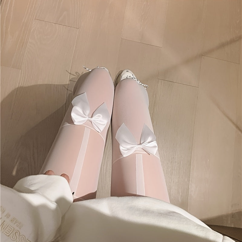 Bowknot Splice Pantyhose High Waist Semi Sheer Footed Slim Fit Stocking