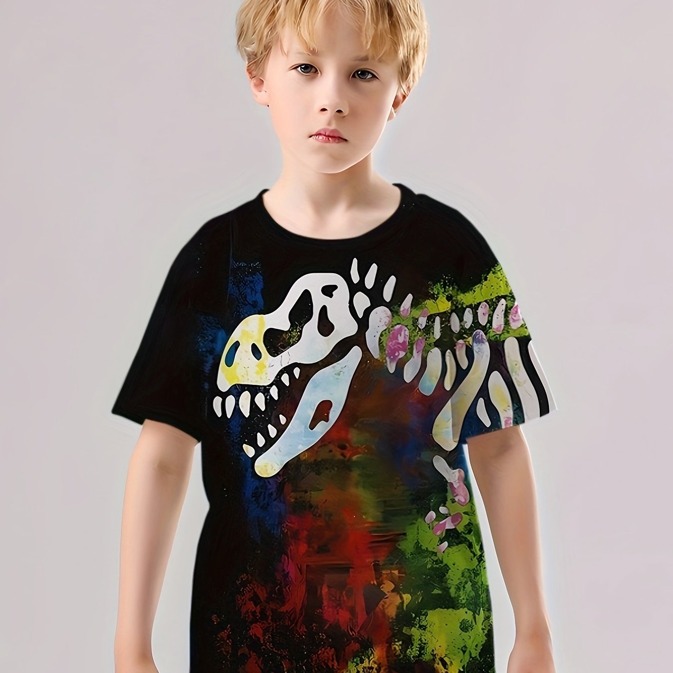 Dino Skeleton Print Boys T Shirt Short Sleeve Tee For Kids