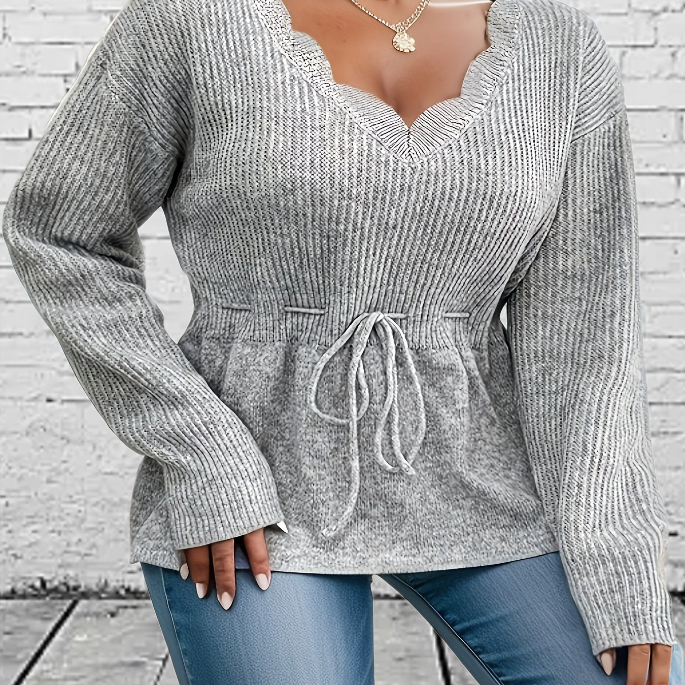 Casual Sweater Women's Plus V Neck Floral Trim Drawstring Jumper