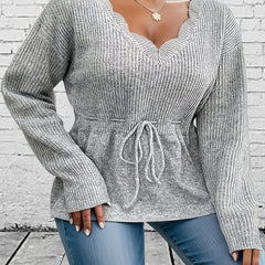 Casual Sweater Women's Plus V Neck Floral Trim Drawstring Jumper