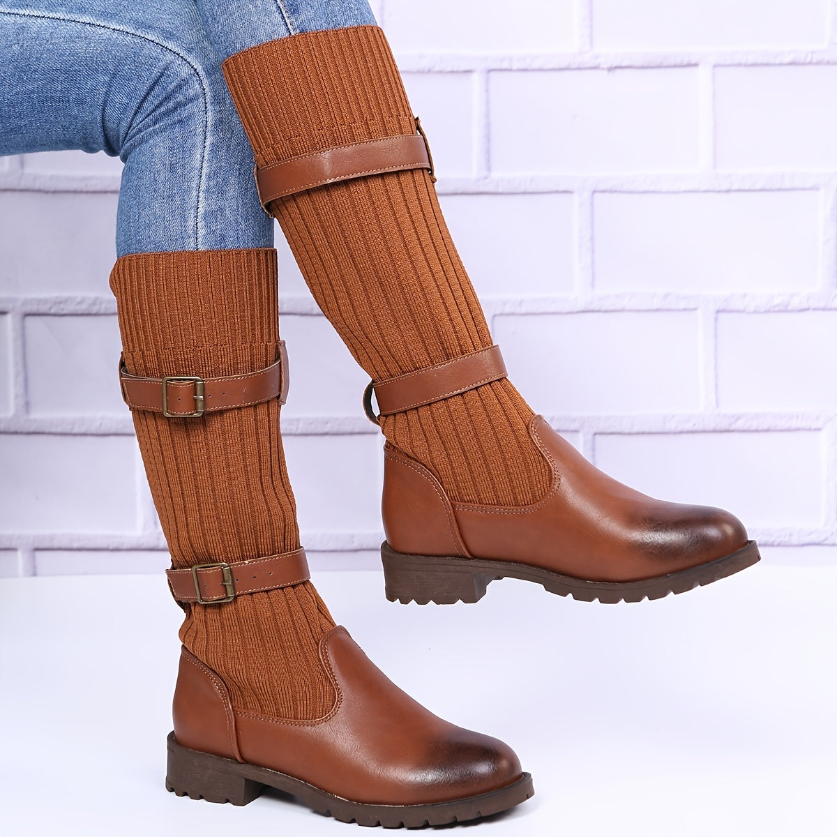 Women's Knitted Chunky Heel Mid Calf Boots
