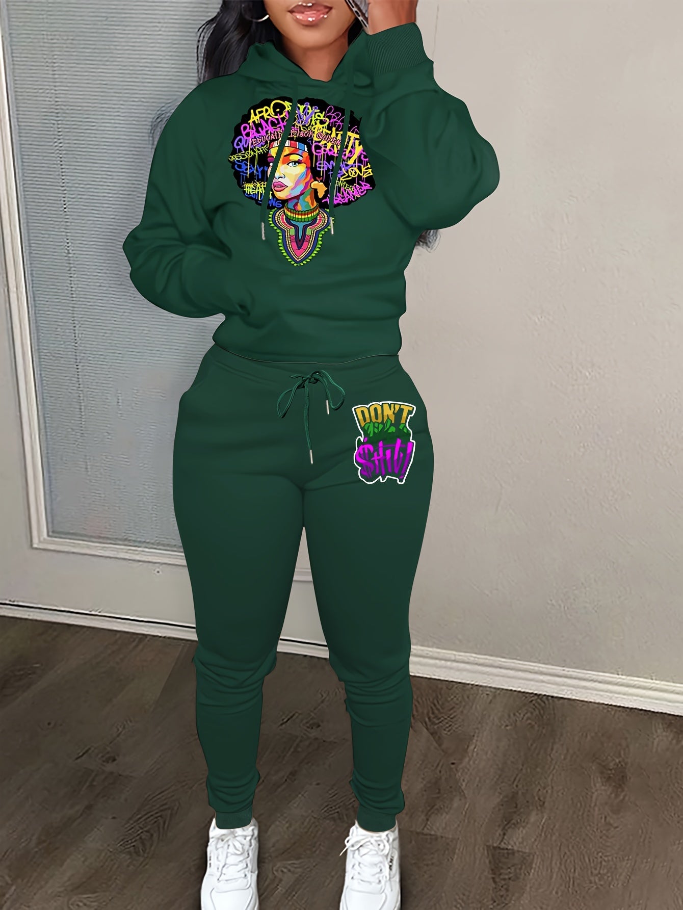Women's Plus Figure & Letter Print Hoodie & Joggers Outfits 2 Piece Set