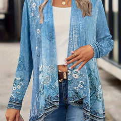 Retro Cardigan Women's Plus Border Floral Print Shawl Collar Cardigan