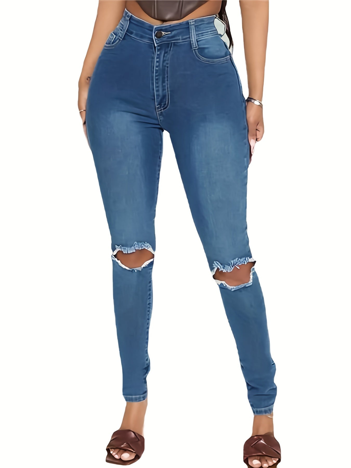 High Waist Ripped Holes Skinny Jeans Slim Fit High Stretch Casual Denim Pants