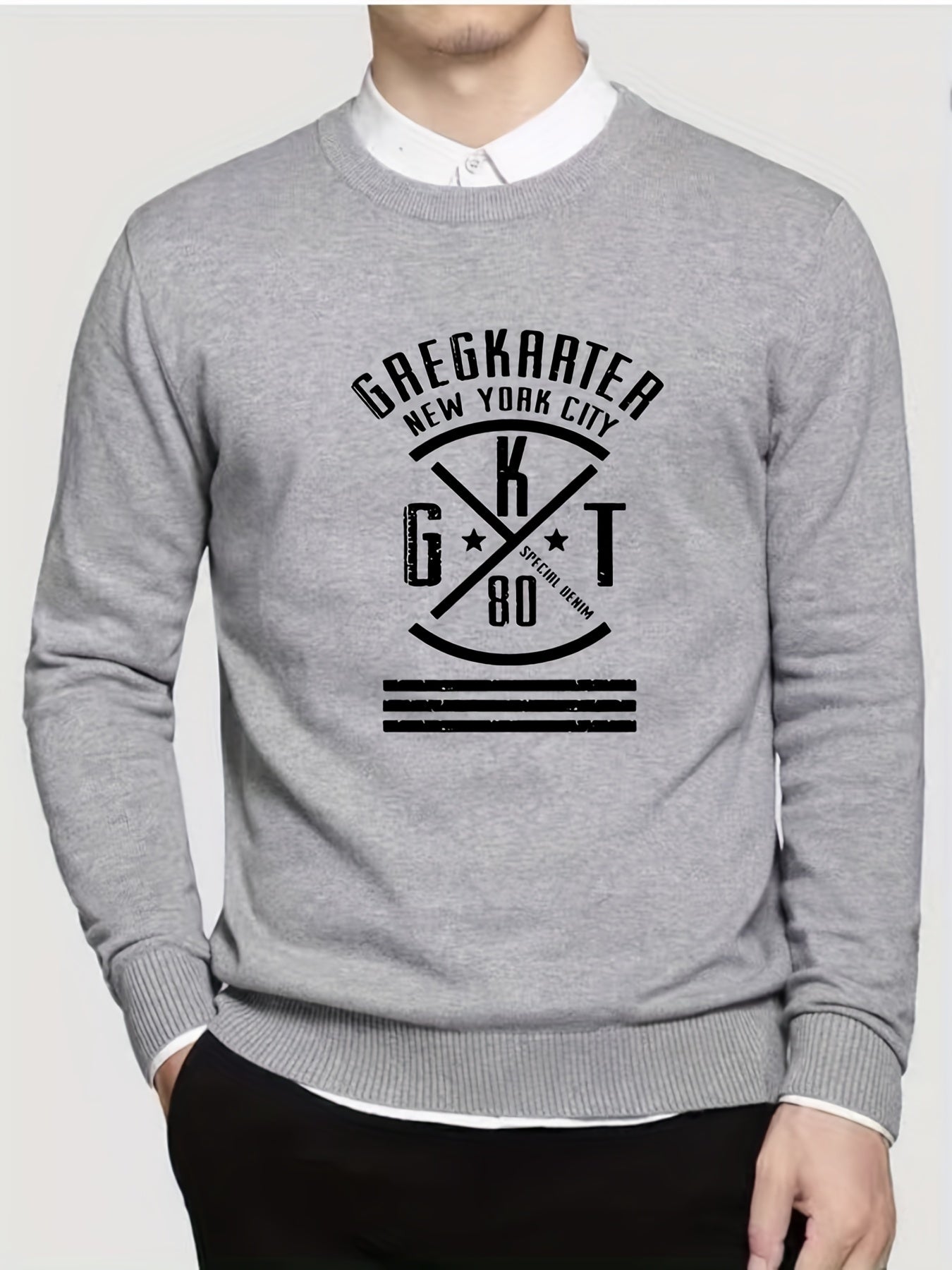 Men's Letter & Cross Knit Sweater Crew Neck Pullover