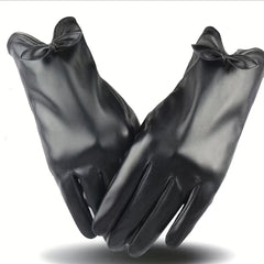 Solid Bow PU Gloves Warm Outdoor Coldproof Gloves