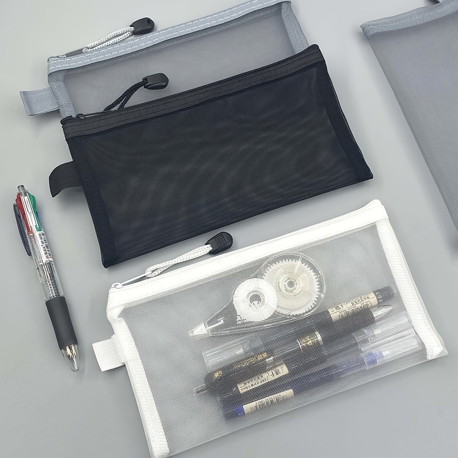 Transparent Pen Bag Mesh Storage School Exam Stationery Box Pencil Bag