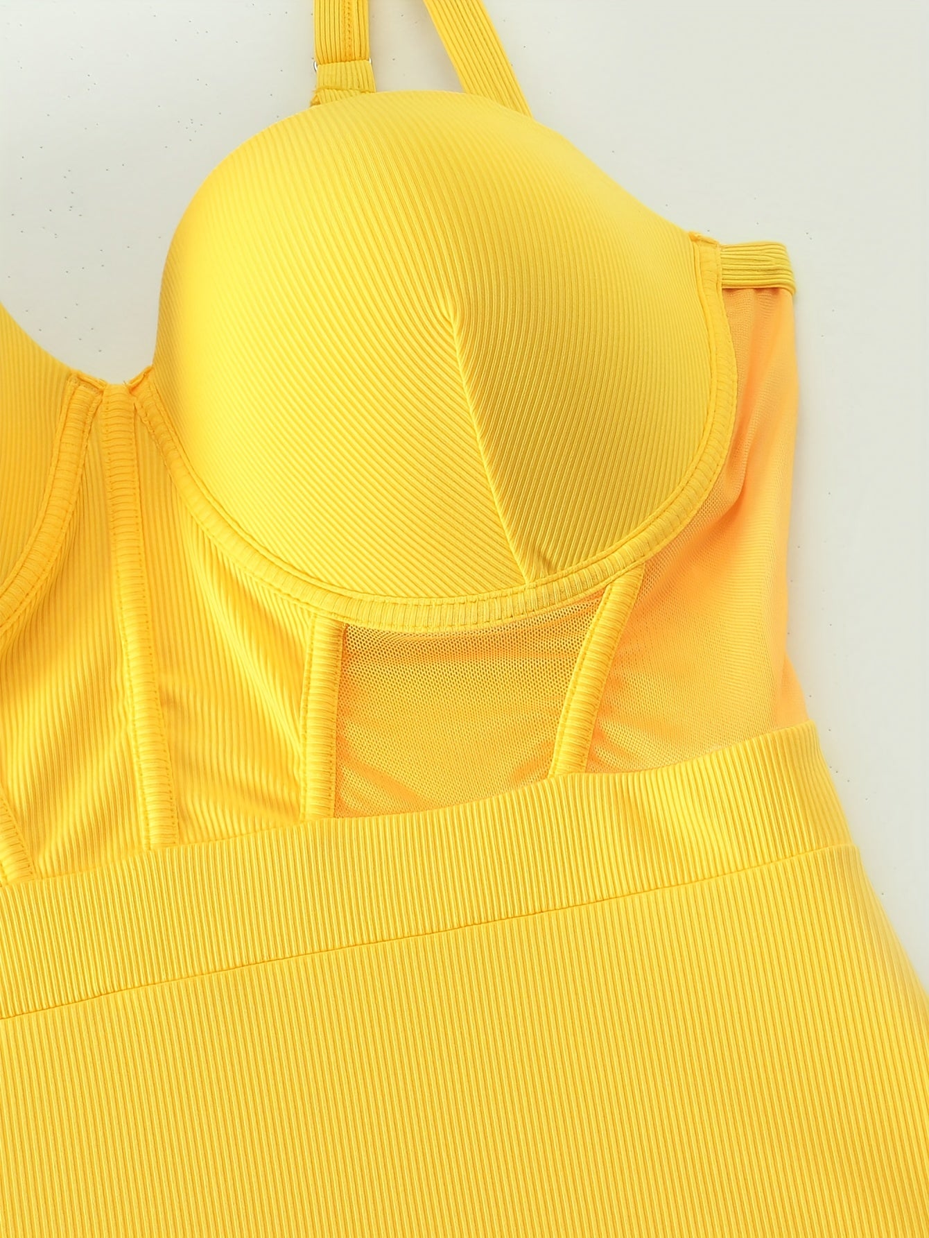 One Piece Swimsuit Contrast Mesh Ribbed Knit Bathing Suit