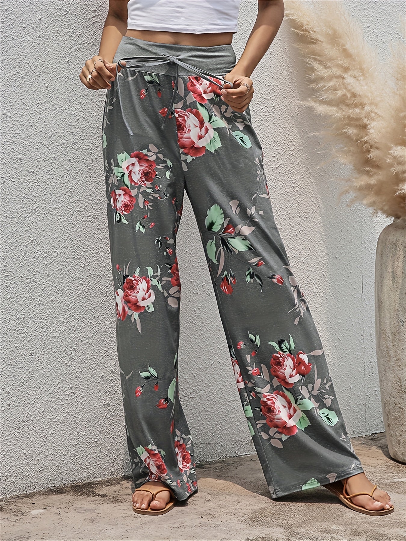 Floral Print Drawstring Pants High Waist Wide Leg