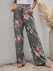 Floral Print Drawstring Pants High Waist Wide Leg