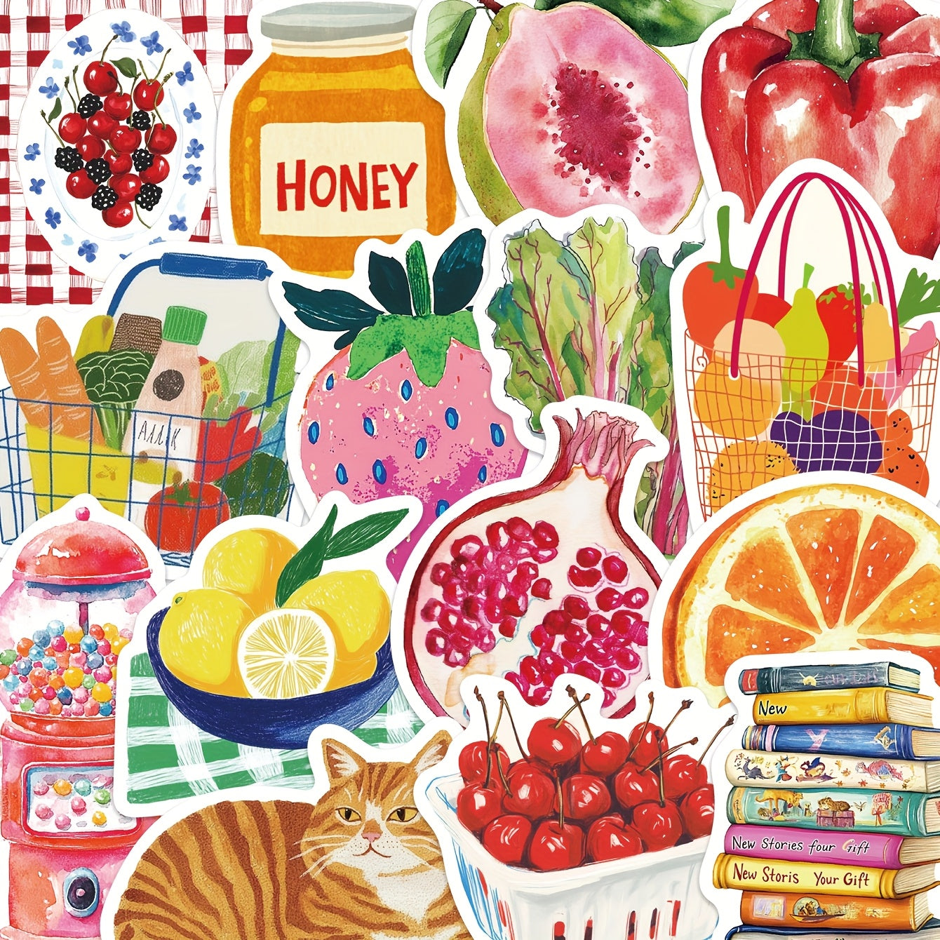 50pcs Pink Mediterranean Artistic Stickers Honey Fruits Vegetables Cat PVC