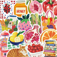 50pcs Pink Mediterranean Artistic Stickers Honey Fruits Vegetables Cat PVC