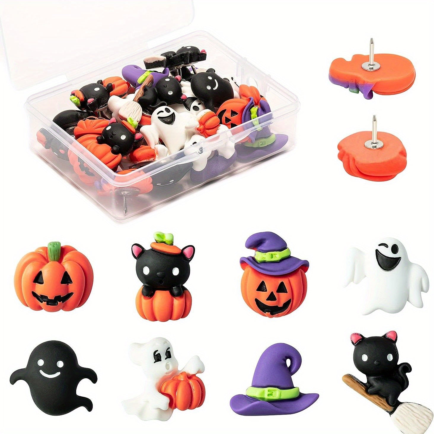 32pcs Halloween Push Pins Decorations Funny Pumpkin Ghost Cat Resin