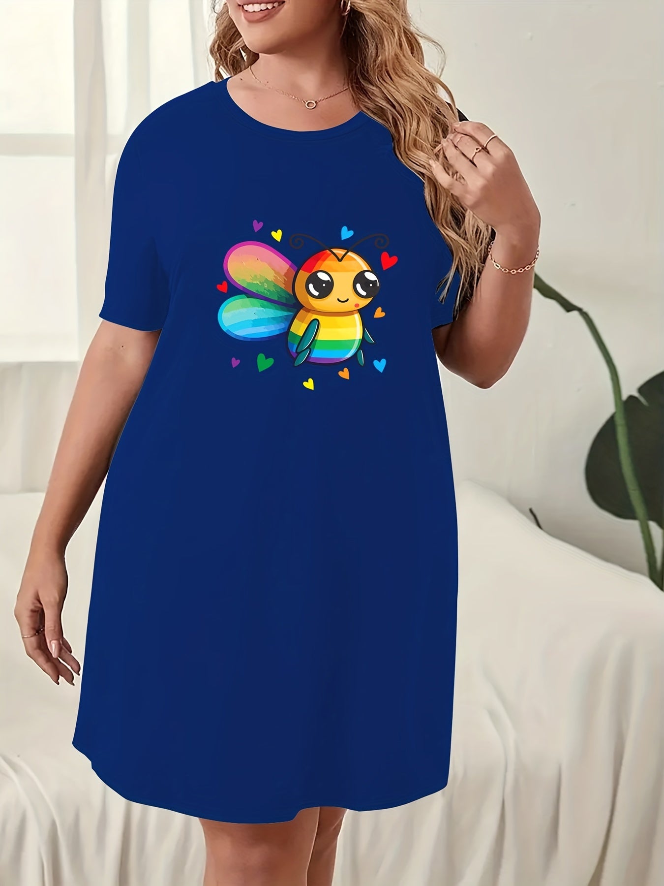 Bee & Heart Print Nightdress Round Neck Short Sleeve Sleep Dress