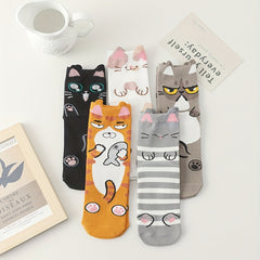 Girls Cartoon Graffiti Cats Pattern Crew Socks Pack of 5