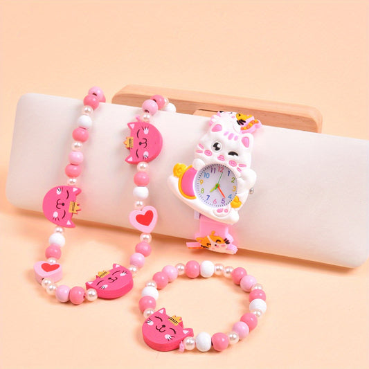Cat Silicone Strap Quartz Watch with Wooden Necklace and Bracelet Set