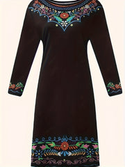 Border Floral Print Long Sleeve Round Neck Dress
