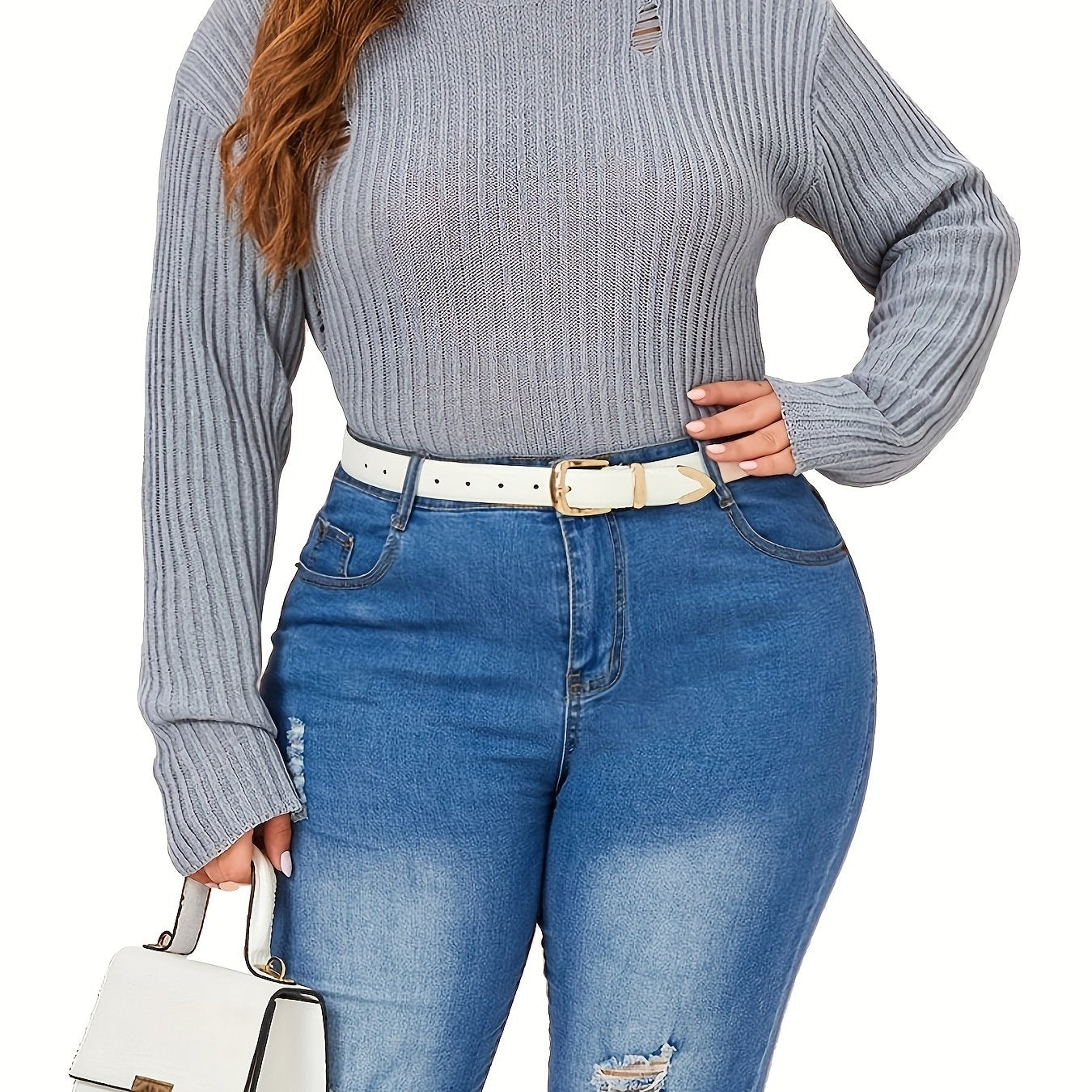 Solid Ripped Long Sleeve Sweater