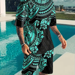 Ethnic Style Mens 2 Piece Outfits T-shirt and Shorts Set