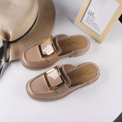 Women's Square Buckle Mules Patent Leather Slides