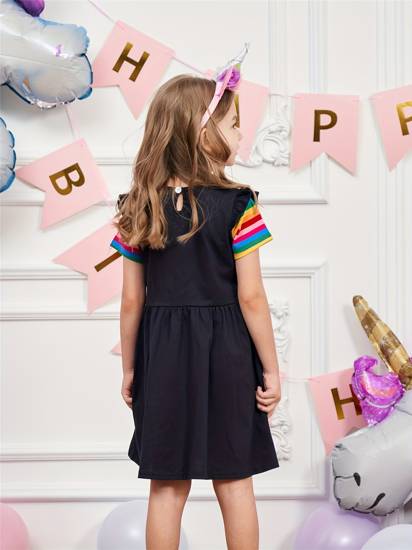 Girls Short Sleeves Ruffles Star Butterfly Embroidery Rainbow Dress
