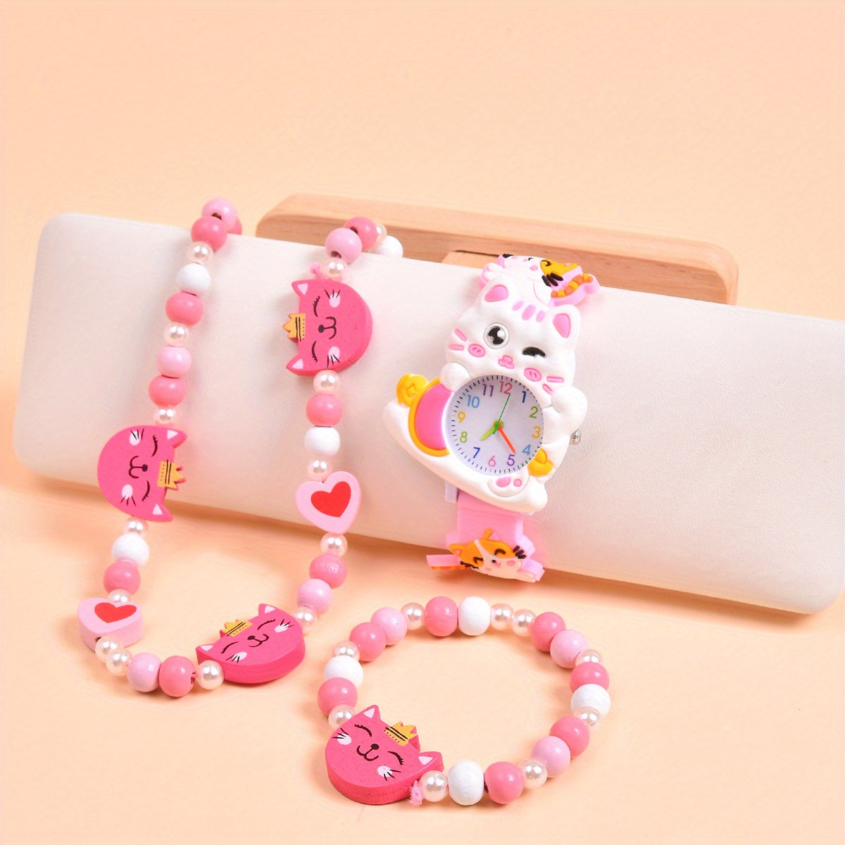Cat Silicone Strap Quartz Watch with Wooden Necklace and Bracelet Set