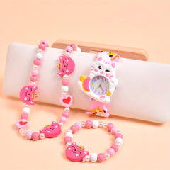 Cat Silicone Strap Quartz Watch with Wooden Necklace and Bracelet Set