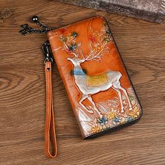 Vintage Leather Women's Wallet with Deer Print Orange & Light Brown