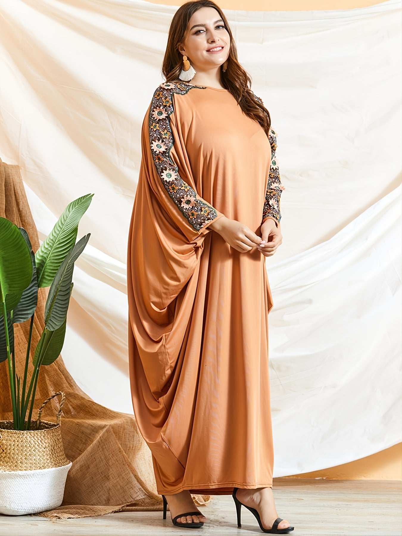 Tribal Abaya Dress Women's Plus Floral Appliques Batwing Sleeve