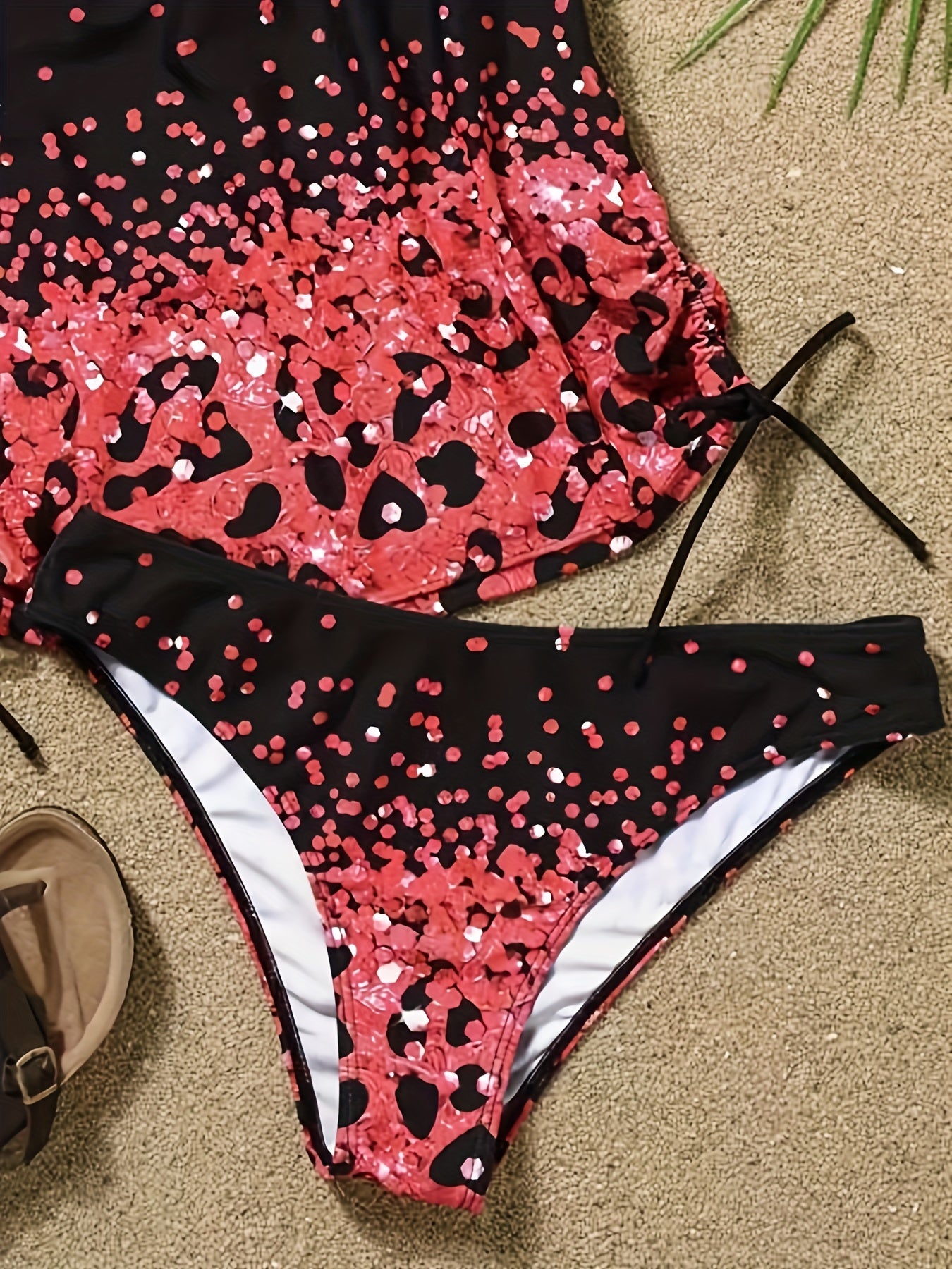 Glitter Tankini Set Lace Up Halter Cami Top Panty Swimsuit