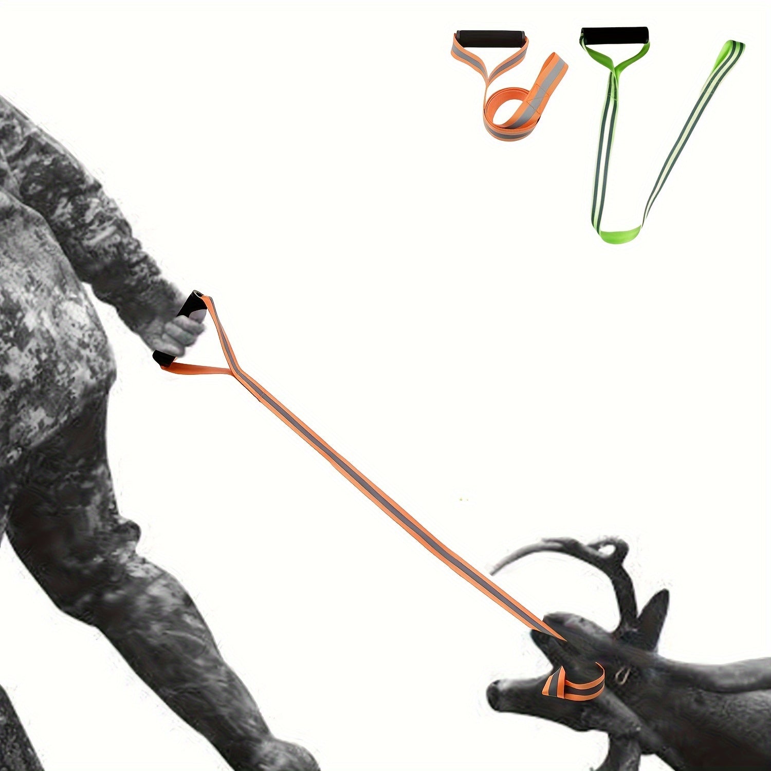 Heavy Duty Deer Drag Strap w/ Reflective Bands, Orange & Green