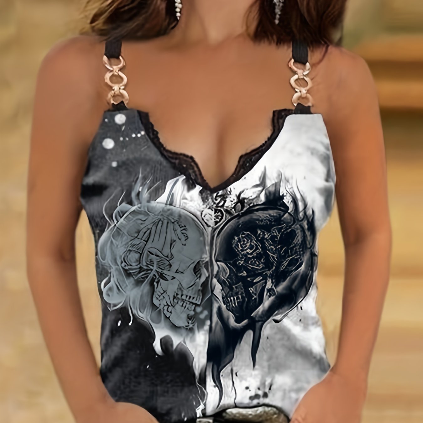 Colorblock Chain Strap Top with Lace Spaghetti Strap