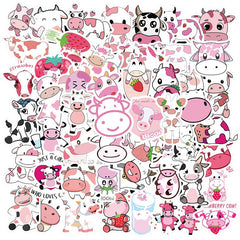 50-100 Pink Cow Stickers Stylistic Cartoon Waterproof Decorative Stickers