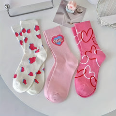 3 Pairs Heart & Leopard Print Socks Mid Tube Women's Stockings