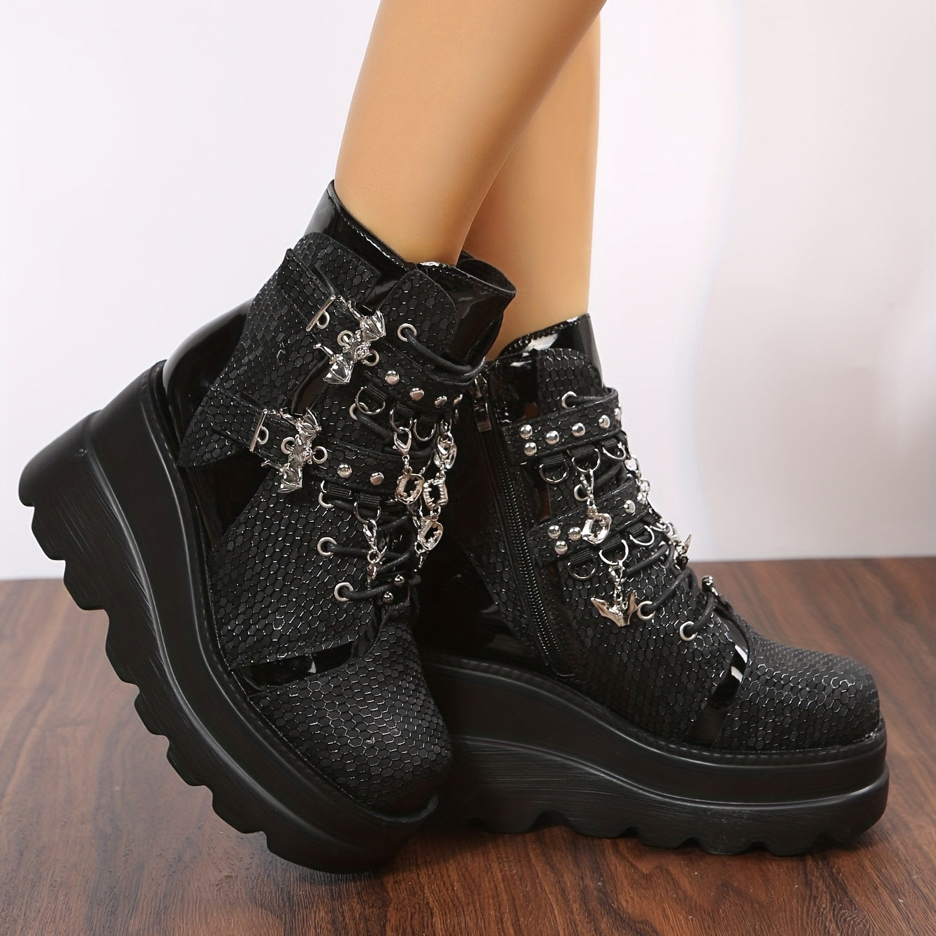 Geometric Pattern Wedge Heel Boots Side Zip Comfort Platform Short Boot