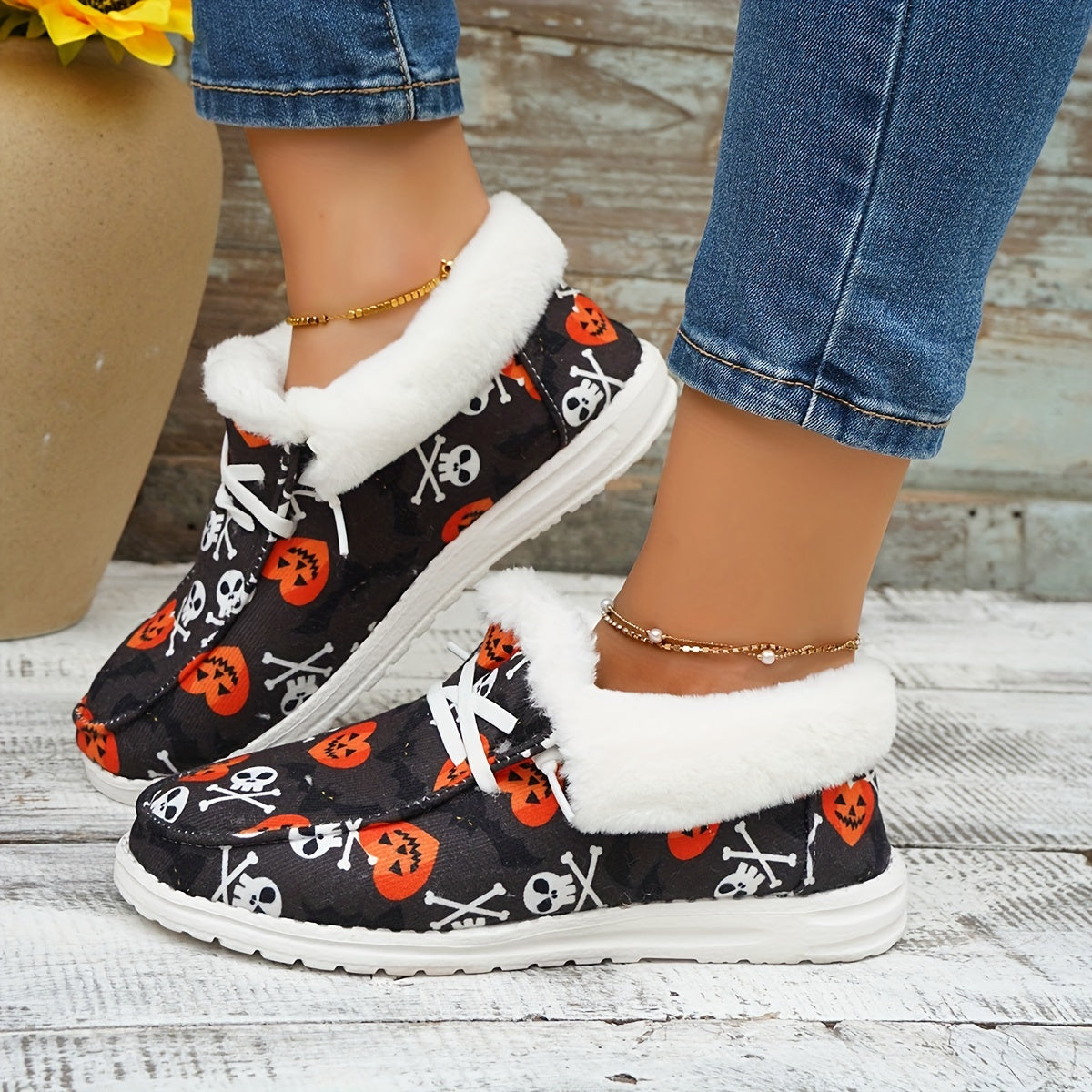 Women's Halloween Pumpkin & Skull Printed Plush Sneakers