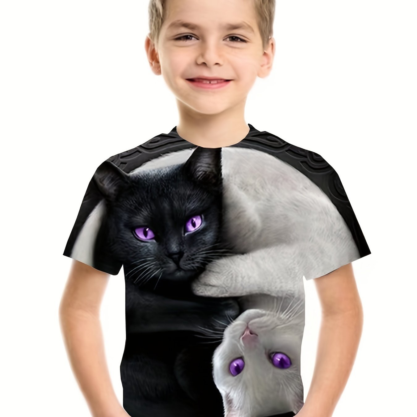 Kids & Cat Pattern T-Shirt Round Neck Short Sleeve Tee