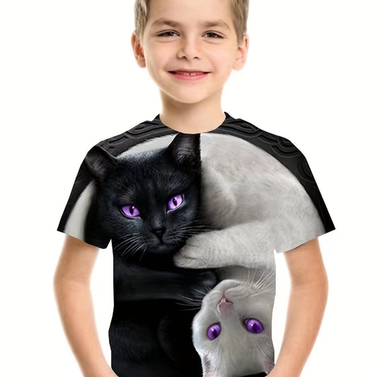 Kids & Cat Pattern T-Shirt Round Neck Short Sleeve Tee