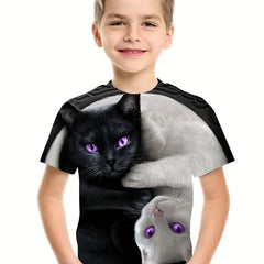 Kids & Cat Pattern T-Shirt Round Neck Short Sleeve Tee