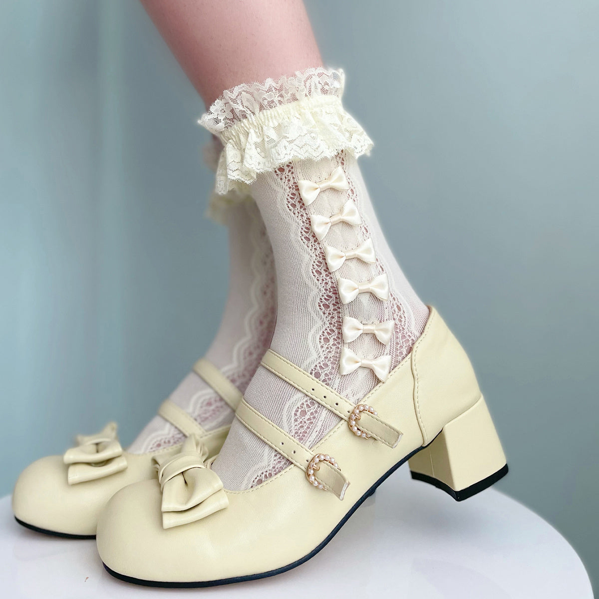 Lace Trim Fishnet BowKnot High Tube Socks