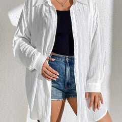 Solid Crinkle Button Up Long Sleeve Blouse