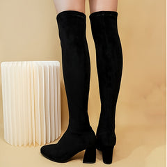 Women's Thigh High Boots Chunky Heel Slip On Shoes