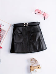 Toddler Girls Casual PU Leather Skirt With Belt