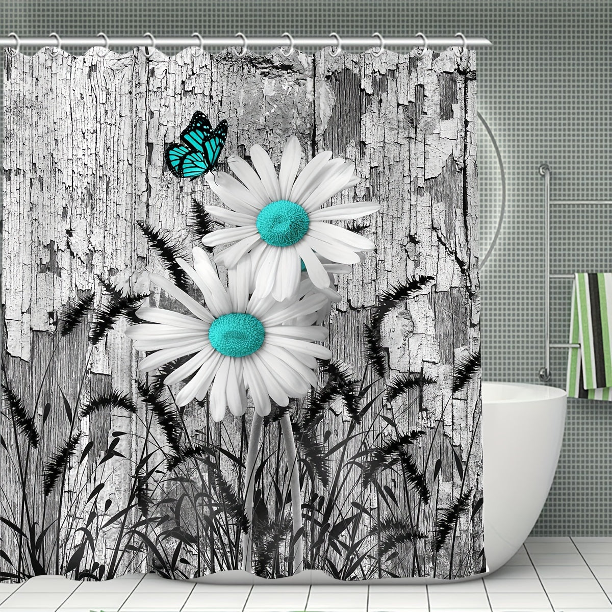 Daisy Shower Curtain Set Waterproof with Non-Slip Bathroom Rug