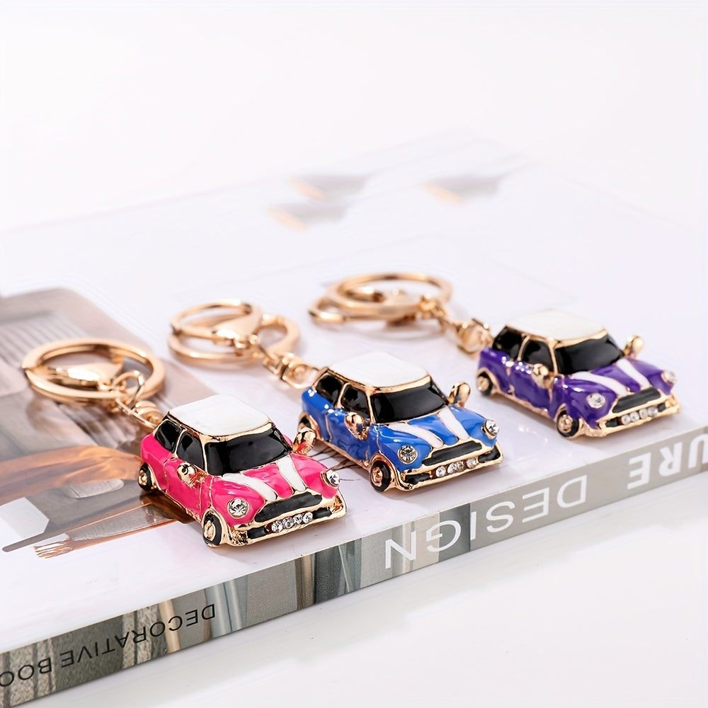 Striped Mini Car Keychain with Diamond Decoration Pendant